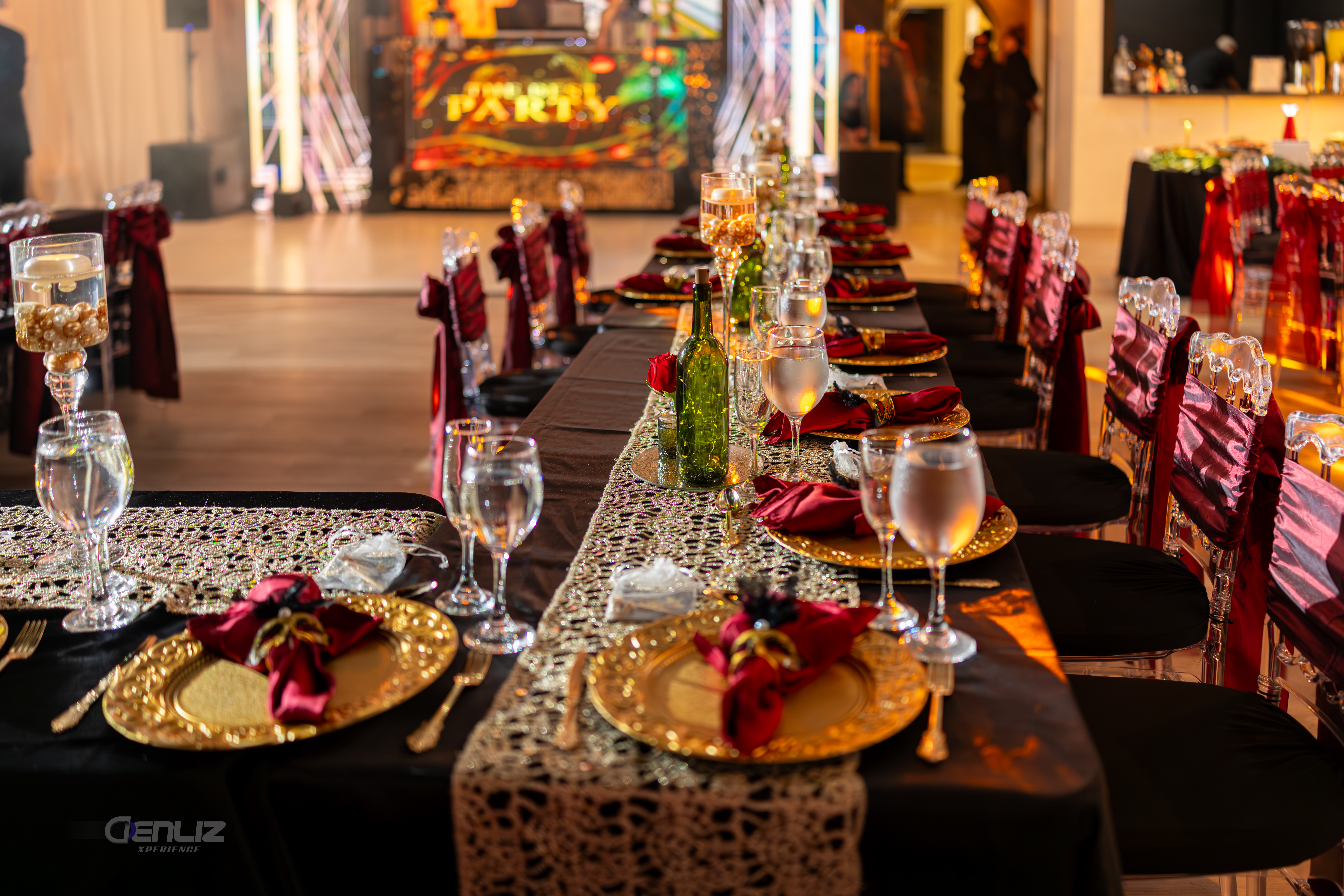 Event linen and table decor setup by Sunset Linen and Decor Company